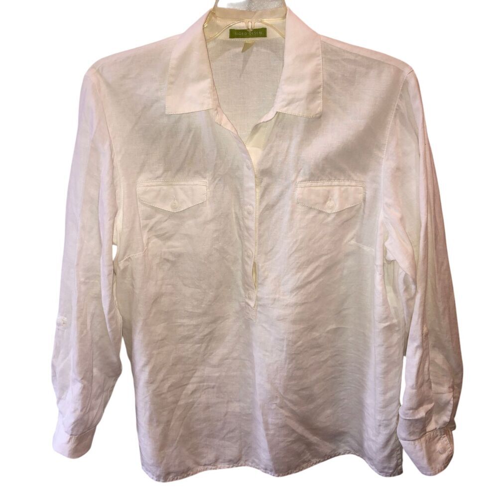 Sigrid Olsen Women XL White 100% Linen Long Sleeve 1/2 Button Pullover Shirt Top
